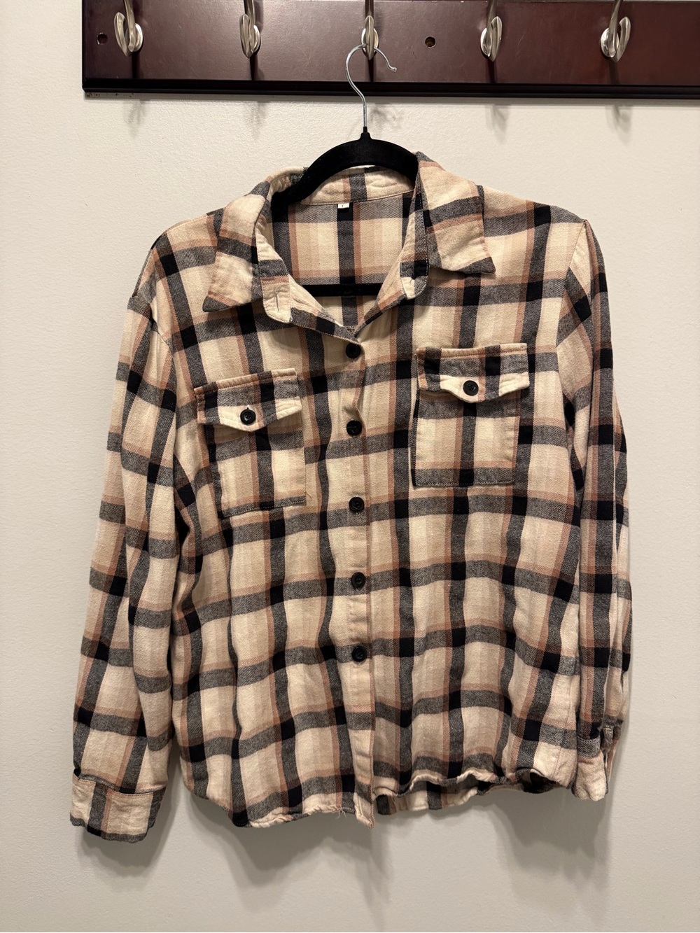 Women’s Plaid Flannel Shirt Jacket - Cream & Black